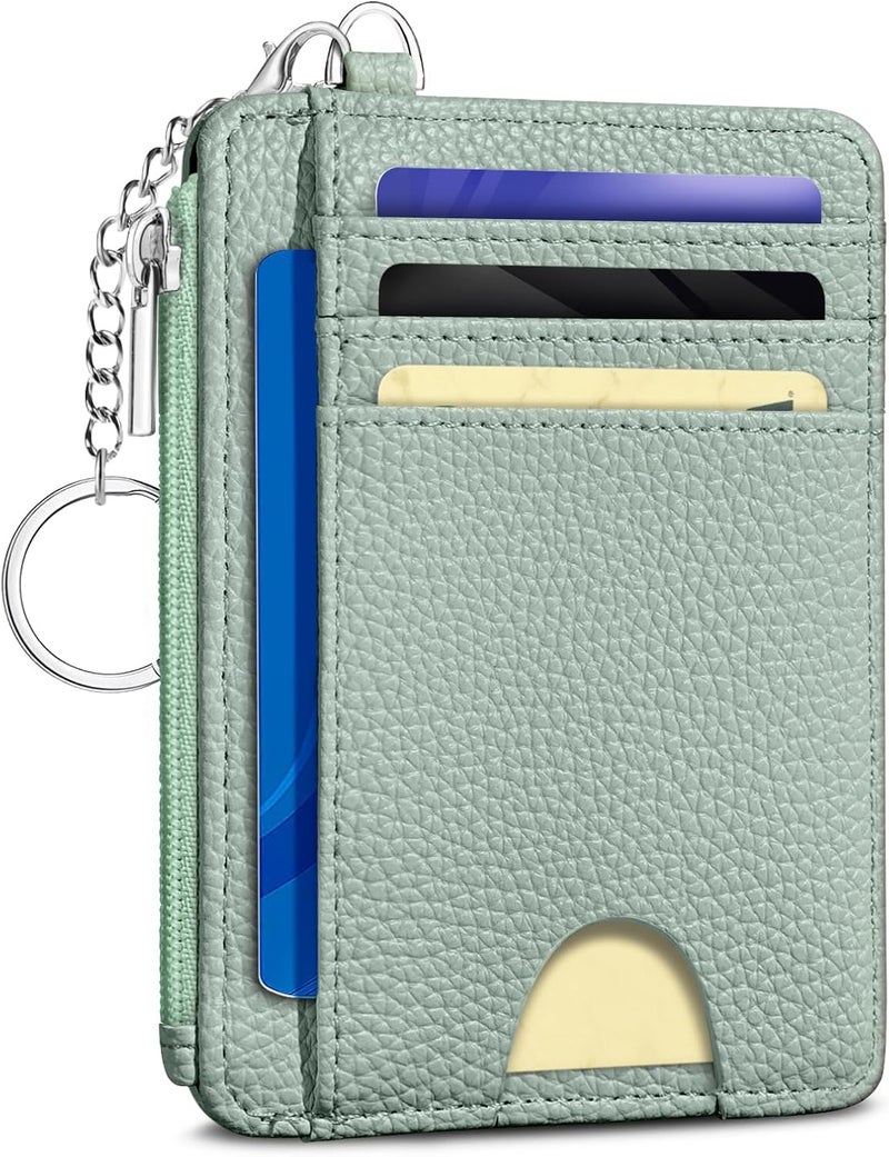 Kelvoris Green Credit Card Holder Small Wallet Women, Minimalist Slim RFID Blocking Wallet Woman Keychain with Zipper Coin Pocket, Front Pocket Thin Travel Card Case Organizer ID Window Ladies Gifts - Image 1